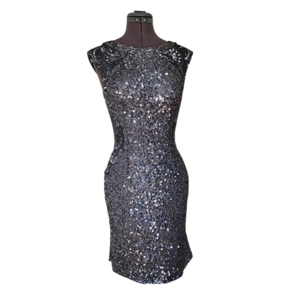 Scala Sequin Silver Mini Dress Sheer Cutouts Vintage
